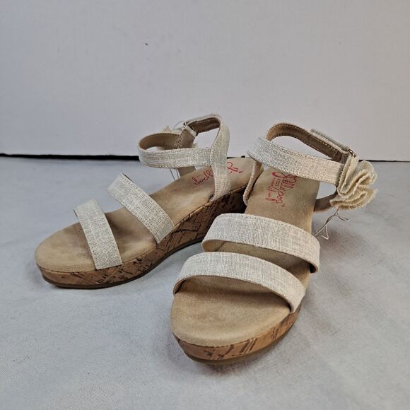 Jellypop Girl's Size 2 Persimmon Wedge Sandals Tan Fabric Burlap Flower Accent - Picture 1 of 8
